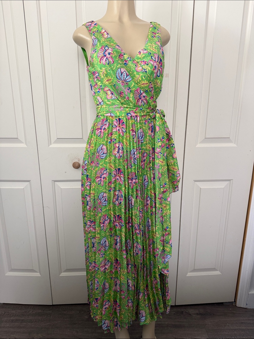 Ralph Lauren Lime Green Floral Maxi Dress with Pink & Purple Accents